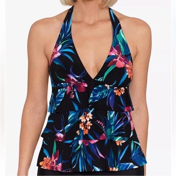 SWIM SOLUTIONS WOMENS PRINTED TIERED HALTER TANKINI TOP swimwear, New 10 - Picture 11 of 13